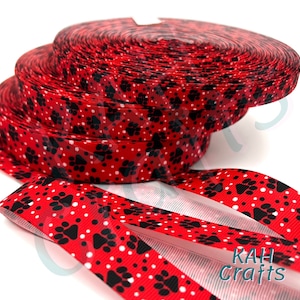 Pfotenabdrücke Schwarz auf Rot mit Polka Dots Ripsband Du wählst Breite