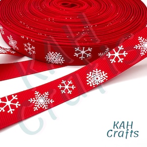Snowflakes on Red Holiday Christmas Ink 5/8&quot; Grosgrain Ribbon
