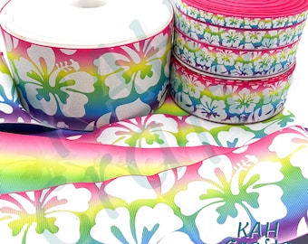USDR Hawaiian Flowers with Ink and Glitter Rainbow Double Sided Grosgrain Ribbon You Choose Width