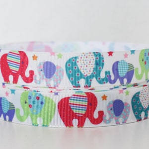 Cinta de grogrén de 7/8" con diseño de elefante, mamá y bebé, arcoíris