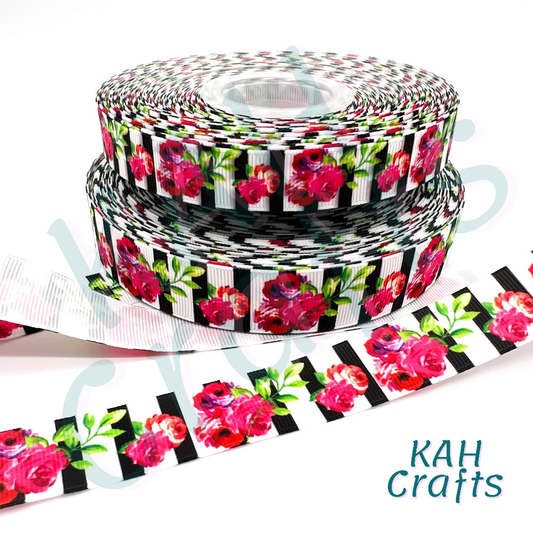 Rose Design Ribbon Floral Roses and Stripes Design Grosgrain Ribbon You Choose Width - Etsy