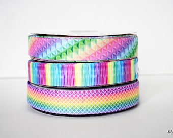 Rainbow Light Colors Color Stripes Diamond Trefoil 7/8' Grosgrain Ribbon You Choose