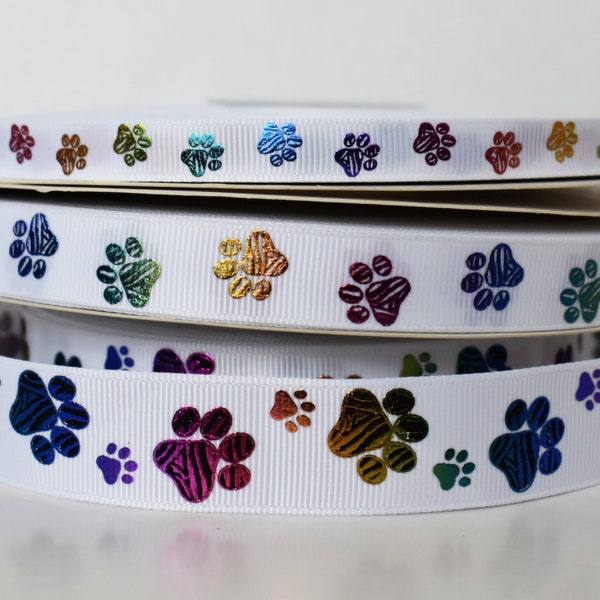 Holographic Paw Prints White Grosgrain Ribbon You Choose Width