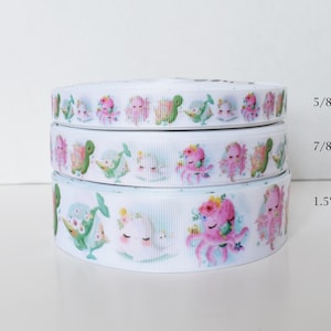 Pastel Bebé Animales Marinos Pulpo Foca Tortuga Delfín Cinta Grosgrain Usted Elige Ancho