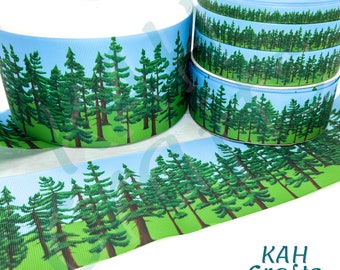 Cinta de grosgrain USDR con diseño de árboles y montañas forestales. Elige el ancho.