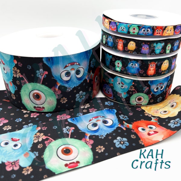 USDR Fuzzy Cute Monsters Flowers Grosgrain Ribbon You Choose Width