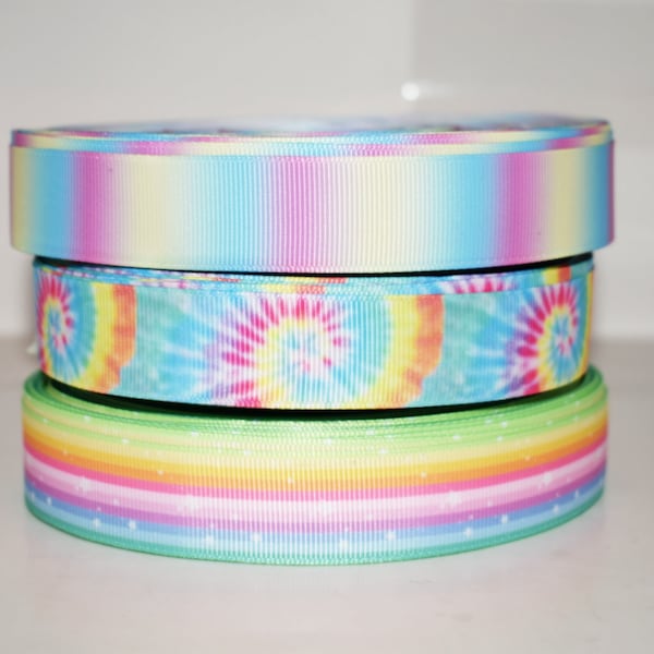 Rainbow Pastel Color Stripes Tie Dye Chevron 7/8' Grosgrain Ribbon You Choose