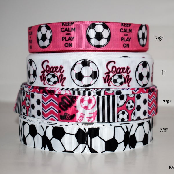 Soccer Pattern Pink Keep Calm Play On Soccer Mom Soccer Balls 7/8" or 1" Grosgrain Ribbon You Choose