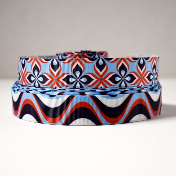 Blue Red White Multi Colored Pattern Waves 7/8" Grosgrain Ribbon You Choose