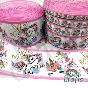 Pastel Unicorns Gold Hearts Rainbows Grosgrain Ribbon You Choose Width