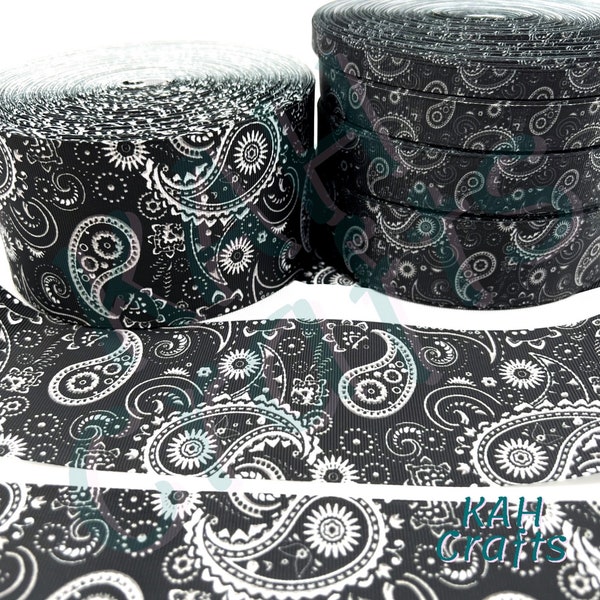 Black White Gray Paisley Grosgrain Ribbon You Choose Width