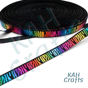 Rainbow Animal Foil on Black 3/8&quot; Grosgrain Ribbon