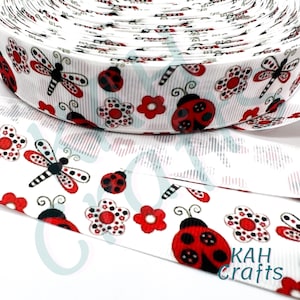 Nastro in gros-grain da 1" libellula coccinella fiori rosso nero