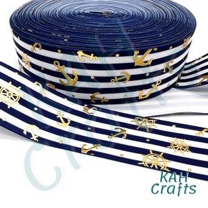 Goldfolie Anker Navy Weiß Streifen 1,5 ""Grosgrain Ribbon."