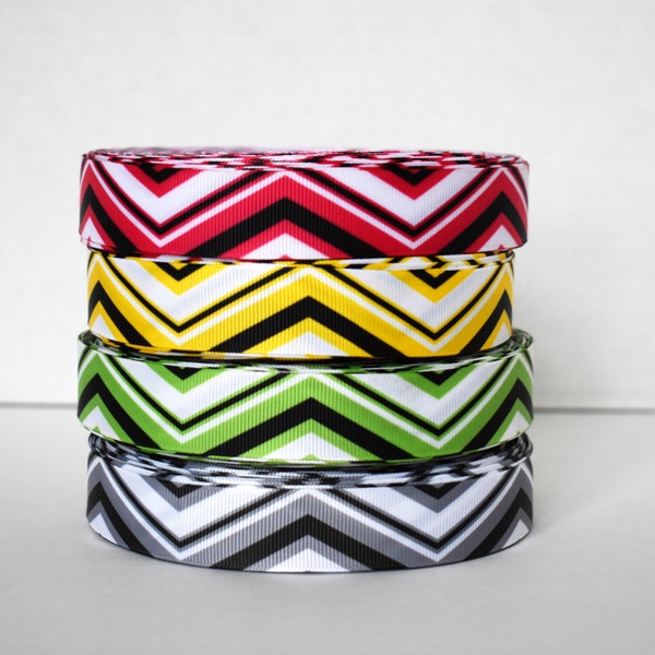 Hot Pink, Yellow, Green or Gray Black and White Chevron 7/8" Grosgrain Ribbon You Choose