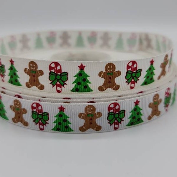 Christmas Tree Gingerbread Person Candy Cane 5/8" Grosgrain Ribbon