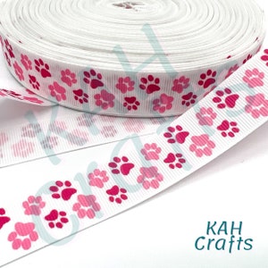 Ruban gros-grain 7/8" rose vif avec empreintes de pattes chien chat animal