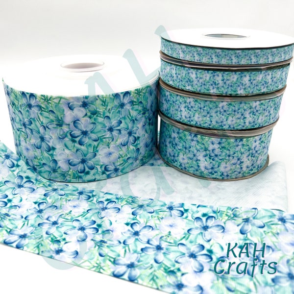 USDR Blue Green Flowers Grosgrain Ribbon You Choose Width