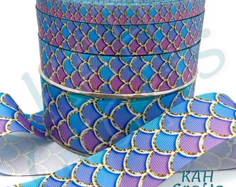 Cinta de grosgrain con aspecto de lámina de escala azul/púrpura de sirena que elija el ancho