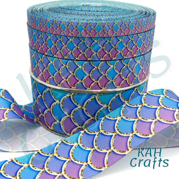 Mermaid Blue/Purple Scale Foil Look Trim Grosgrain Ribbon You Choose Width