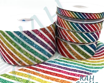 Rainbow Glitter Stripe Look Grosgrain Ribbon You Choose Width