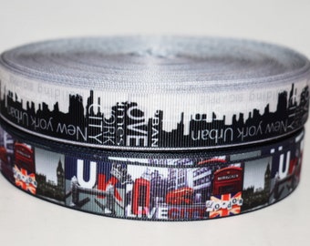 New York and London City 7/8" Grosgrain Ribbon You Choose