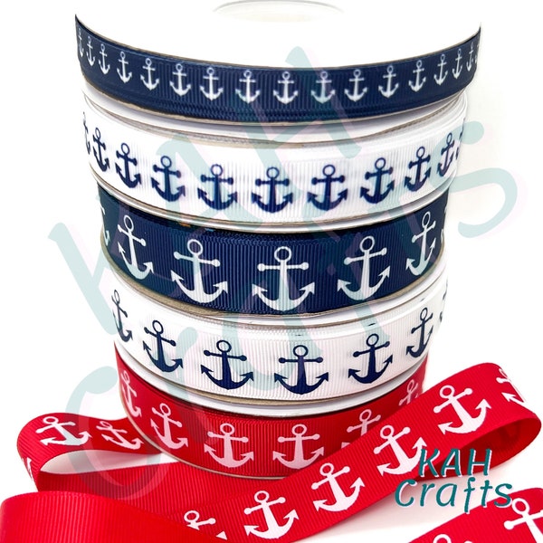 Navy,  Red or White Anchor 7/8" Grosgrain Ribbon You Choose