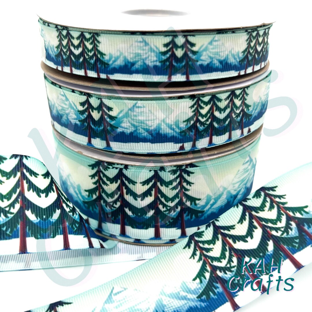Mountains Forrest Evergreen Trees Teal Blue White Grosgrain Ribbon You ...