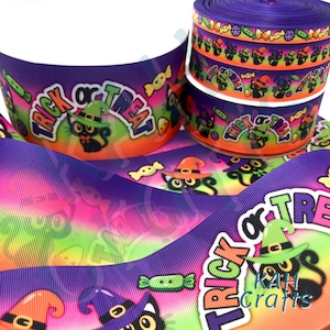 USDR Trick or Treat Cats Candy Neon Rainbow Double Sided Grosgrain Ribbon You Choose Width