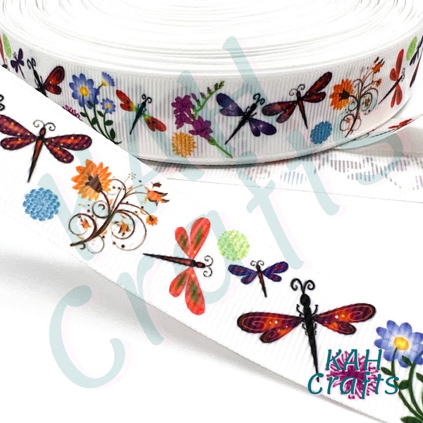 Dragonfly Flowers 7/8" Grosgrain Ribbon