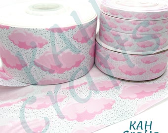 USDR Clouds Pink Silver Grosgrain Ribbon You Choose Width