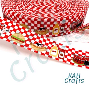 Backyard BBQ Ant Hamburger Hot Dog Gingham Picnic 1&quot; Grosgrain Ribbon
