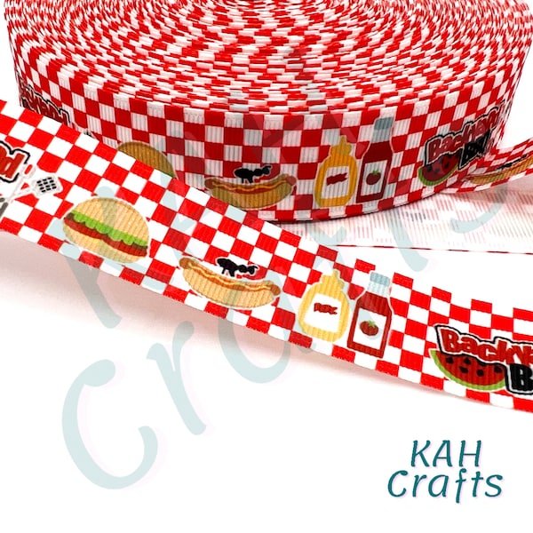 Backyard BBQ Ant Hamburger Hot Dog Gingham Picnic 1" Grosgrain Ribbon