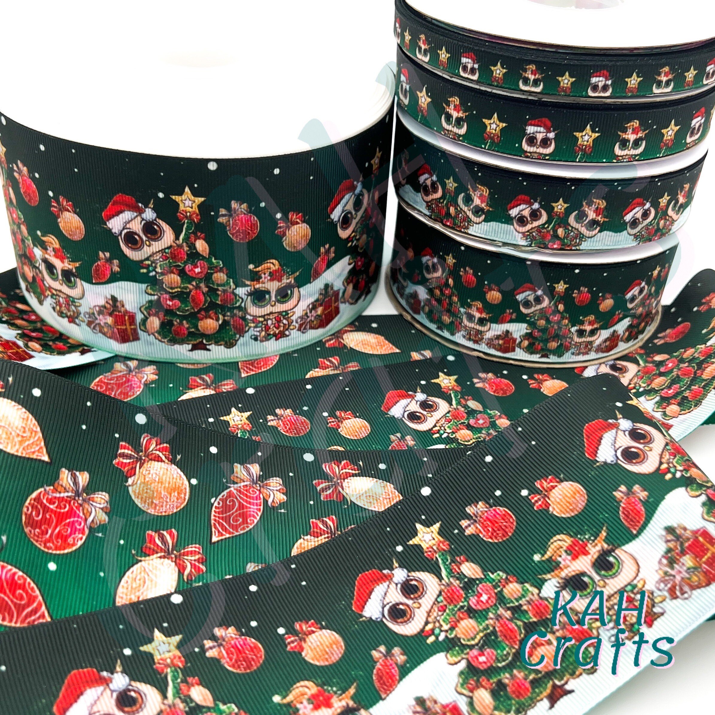 USDR Christmas Owls Tree Presents Double Sided Ombre Grosgrain Ribbon You Choose Width