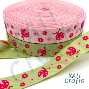 Nastro in gros-grain da 7/8" con cuori di coccinella rosa, scegli tu