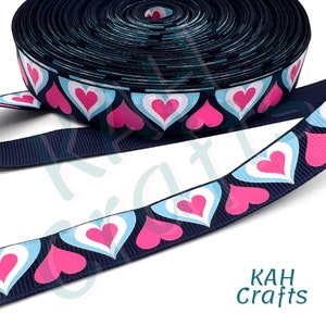 Corazones aman el día de San Valentín, tinta azul marino, rosa, cinta de grosgrain de 5/8&quot;