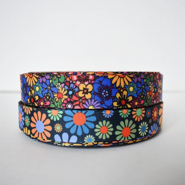 Hippie Flowers, Flower Child 7/8" Grosgrain Ribbon You Choose