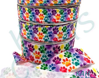 Rainbow Paws Single Sided Grosgrain Ribbon You Choose Width