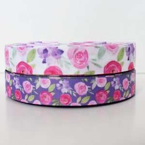 Fita de gorgorão de 7/8" com flores rosa e roxas que você escolher