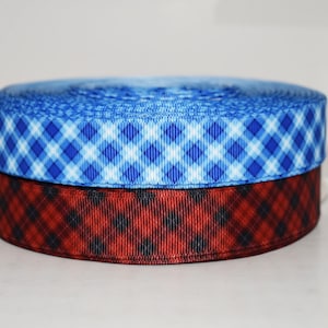 Plaid Red Black or Blue White Plaid 7/8" Grosgrain Ribbon You Choose