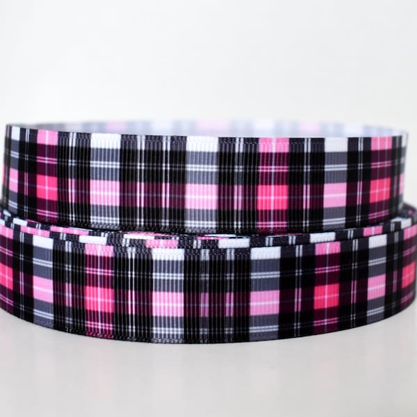 Hot Pink Black White Plaid Grosgrain Ribbon