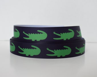 Alligator Navy Green Animal  7/8" Grosgrain Ribbon