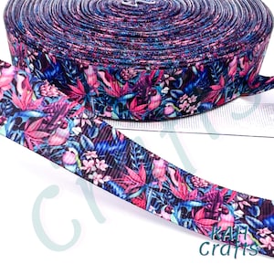 Fita de gorgorão de flor tropical e pássaro rosa azul 7/8"
