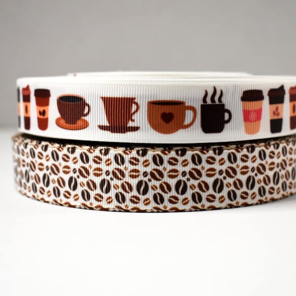 Coffee and Coffee Bean 7/8" Grosgrain Ribbon You Choose