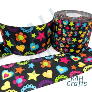 USDR Flowers Stars Hearts Bright Colors on Black Grosgrain Ribbon You Choose Width