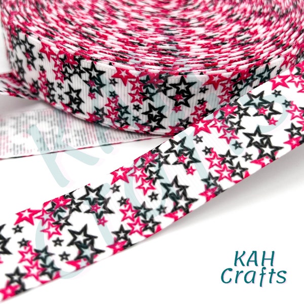 Hot Pink Black Stars 7/8" Grosgrain Ribbon