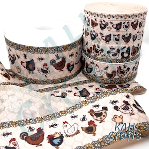 Cinta de grogrén de doble cara USDR con diseño de pollos y gallos. Elige el ancho.