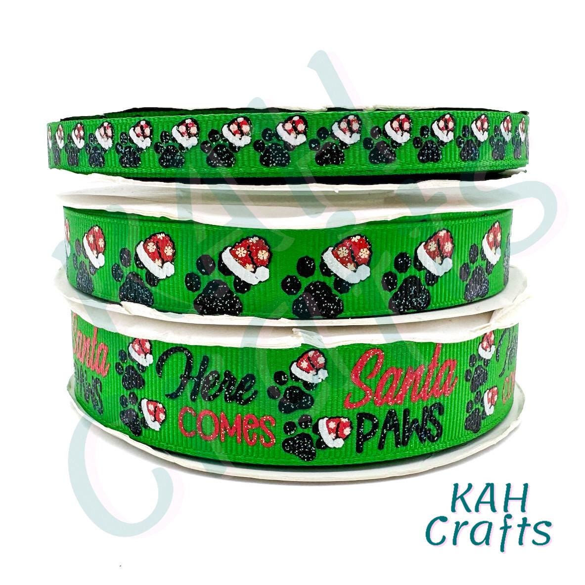 Santa Paw Santa Hat on Green Ink Glitter Grosgrain Ribbon 3 Yards