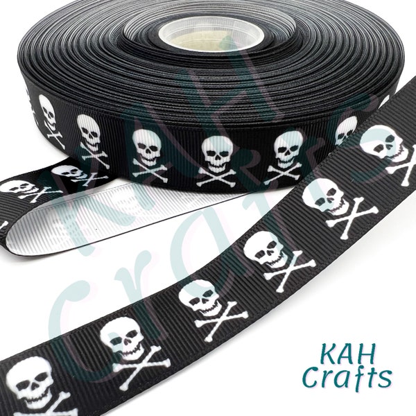 Skull and Crossbones Black Halloween Caution 7/8" Grosgrain Ribbon