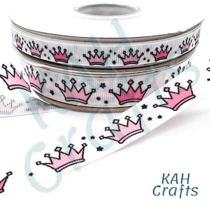 Cinta de grogrén de color rosa real con el motivo de la princesa heredera de 3/8" o 5/8"